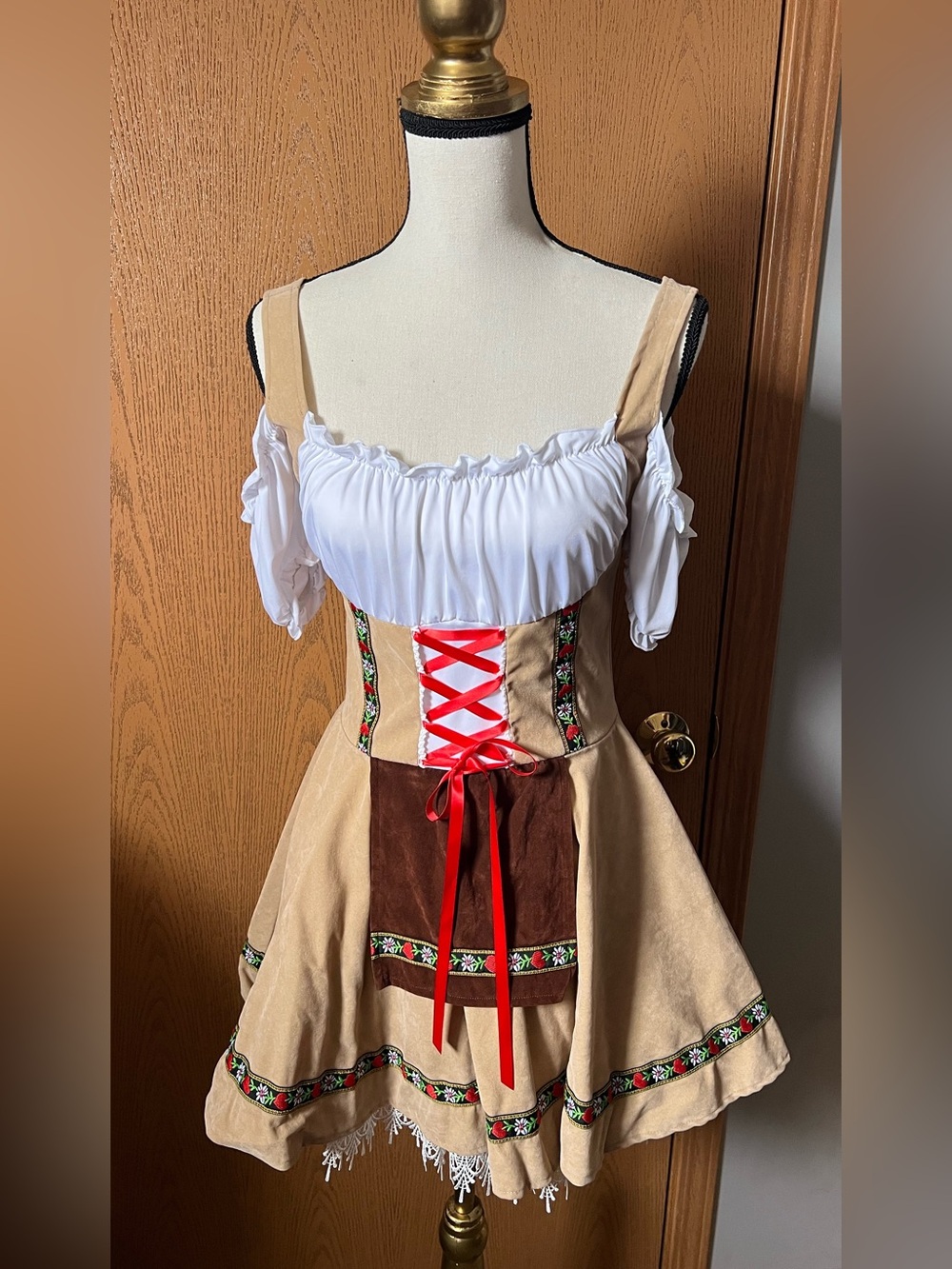 Beige & White Bavarian Dirndl Dress with Red Lace-Up Panel & Lace Trim Hem
